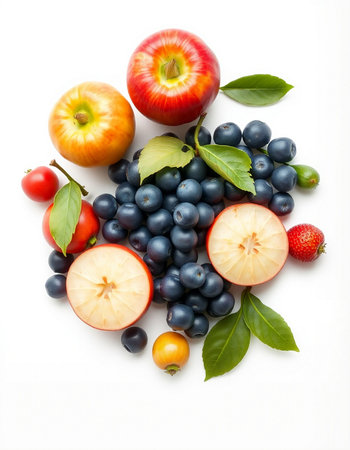 Fruits and berries isolated on white background. Healthy food concept.