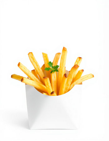 French fries in a white box on a white background. Isolatedの写真素材