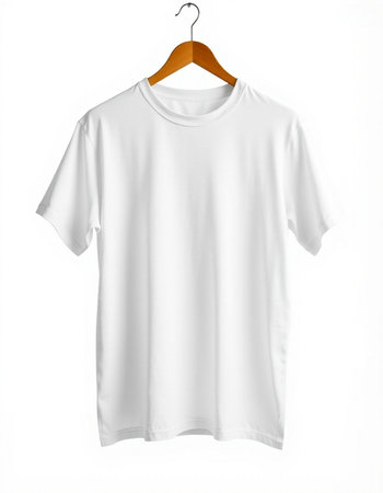 Blank t-shirt on wooden hanger isolated on white background