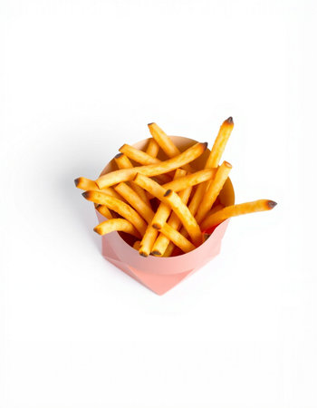 French fries in paper box isolated on white background. Top view.の写真素材