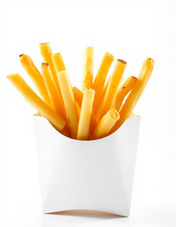 French fries in a white box on a white background.