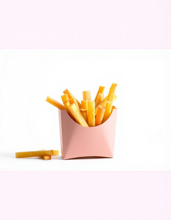 French fries in a pink box on a white background. Fast food.の写真素材