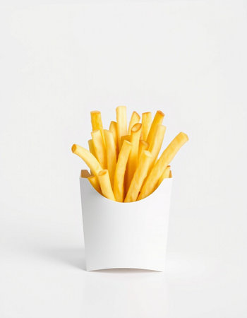 French fries in a white box on a white background, fast foodの写真素材