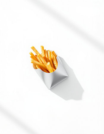 French fries in paper box on white background with shadow. Top viewの写真素材