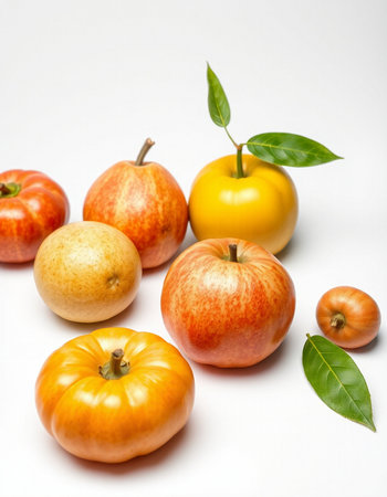 Pumpkins and apples on a white background.の写真素材