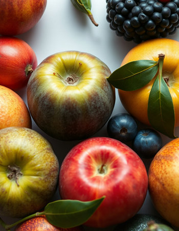 Variety of fruits including applescots, grapes, blackberries, blueberries, plums, raspberries and...