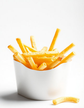 French fries in a bowl on white background. Selective focus.の写真素材