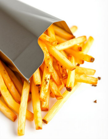 French fries on a white background. Shallow depth of field.