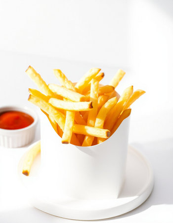 French fries with ketchup on a white background. Selective focus.