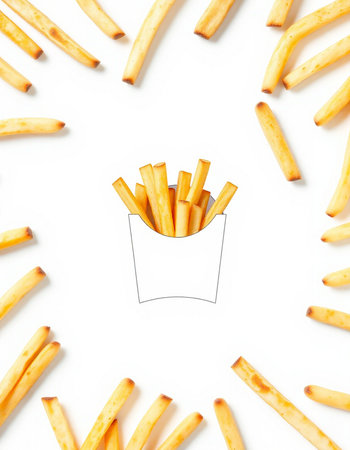 French fries frame isolated on white background. Top view, flat layの写真素材