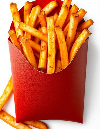 French fries in a red box on a white background, close-up