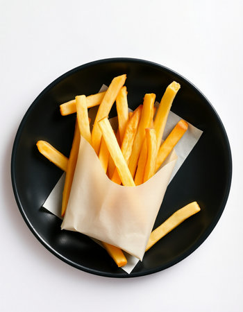 French fries in a black plate on a white background, top view