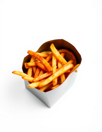 French fries in a paper box on a white background. Isolated