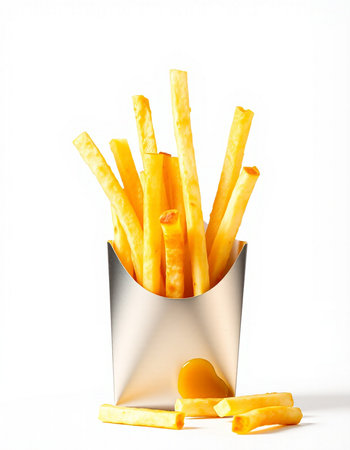 Golden French fries in a metal box isolated on a white background.