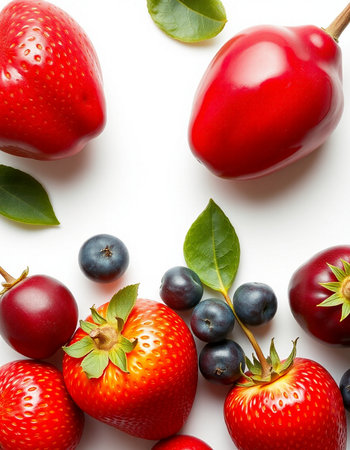 Strawberries, blueberries, cherries and strawberries on white background