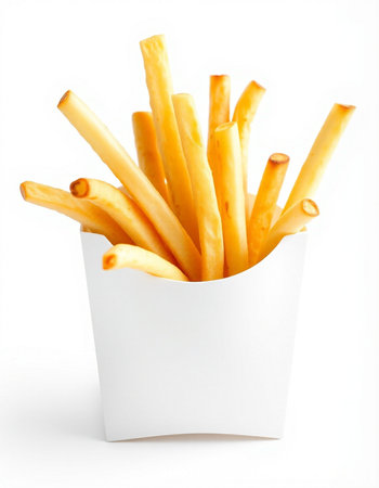 French fries in a paper box on a white background. Isolated