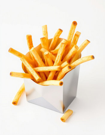 French fries in a box on a white background, close-up