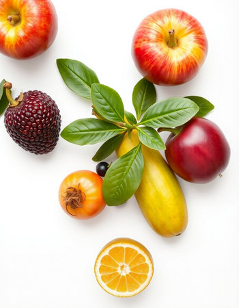 Fruits isolated on white background. Top view. Flat lay.の写真素材