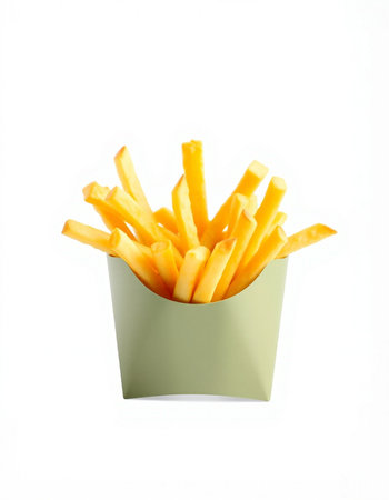 French fries in a paper box on a white background.