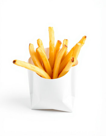 French fries in a white box on a white background, isolated.