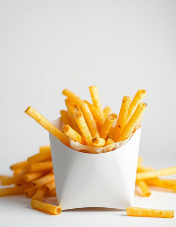 French fries in a white paper box on a white background, selective focus