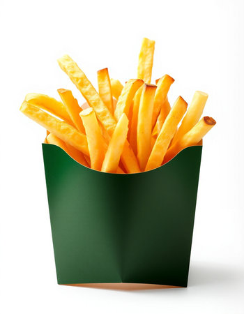 French fries in a green box on a white background. Isolated