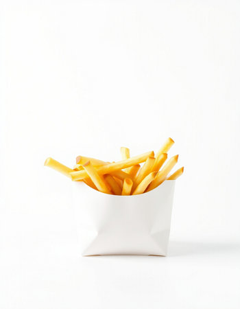 French fries in white paper box on white background. Isolated.