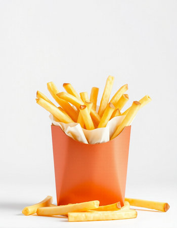 French fries in a paper bag on a white background. Close-up.
