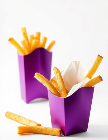 French fries in a purple paper box on a white background. Fast food.の写真素材