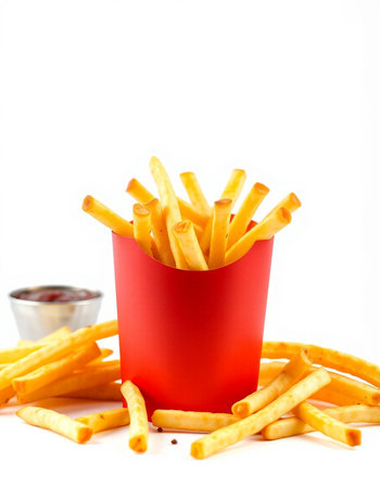 French fries with ketchup on white background. Selective focus.