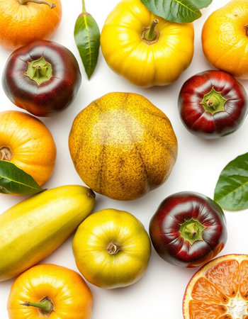 Fruits and vegetables isolated on a white background. Top view.