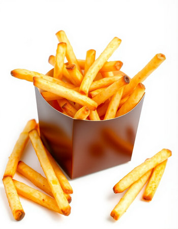 French fries in a box on a white background. Selective focus.