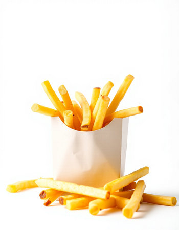 French fries in a white paper box isolated on a white background.