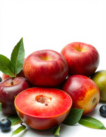 Fresh red nectarines and plums with leaves isolated on white backgroundの写真素材