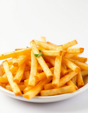 Golden French fries potatoes in white bowl on white background. Selective focus.