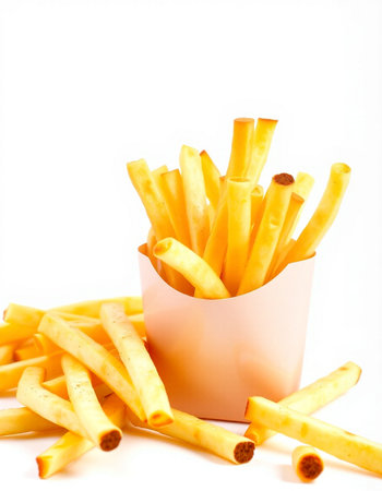 French fries in a paper box on a white background. Selective focus.