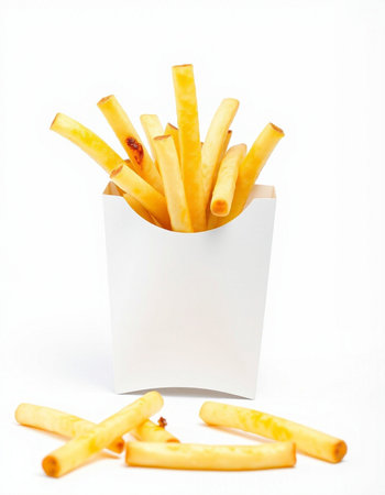 French fries in paper box isolated on white background. Selective focus.