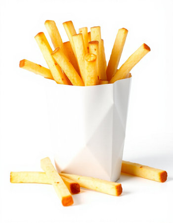 French fries in a white paper cup on a white background, isolated
