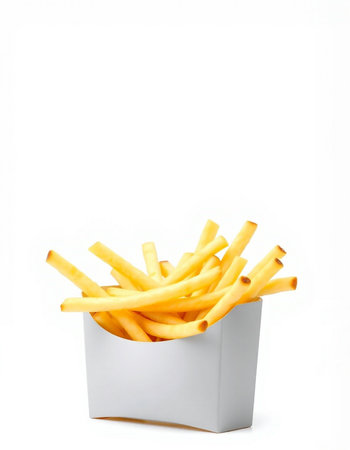 French fries in box isolated on white background. Selective focus.