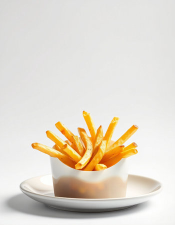 French fries in a white bowl on a white background with copy spaceの写真素材