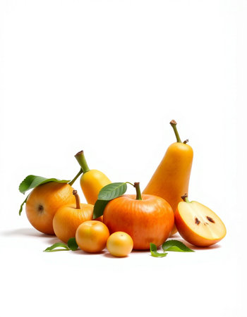 Pears, apples and oranges on a white background with copy spaceの写真素材