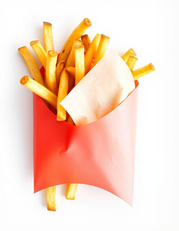 French fries in a red package on a white background. Top view