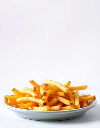 Golden French fries potatoes ready to be eaten, on a white background