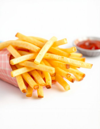 French fries with ketchup on white background. Selective focus.