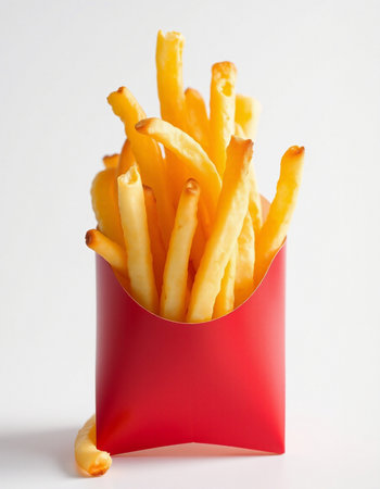 French fries in a red box on a white background, close-up