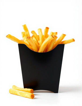 French fries in a black box on a white background. Isolatedの写真素材