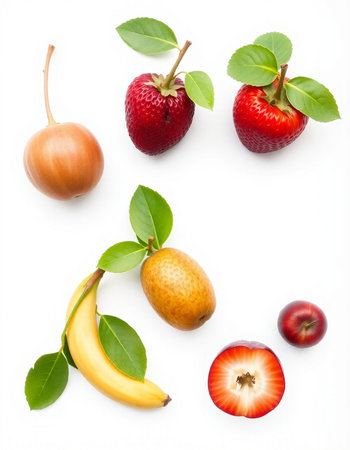 Fruits isolated on white background. Strawberry, banana, kiwi, apple and pear