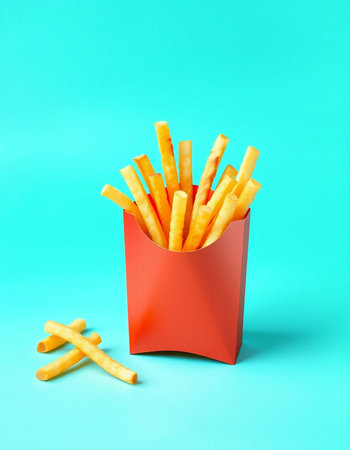 French fries in red box on blue background. Fast food concept.