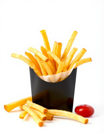 French fries in a black box on a white background. Isolated