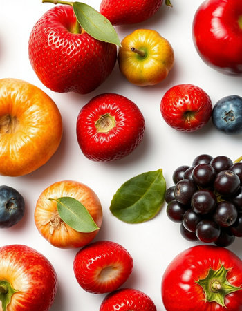 Colorful fruits and berries on white background. Top view. Flat lay.